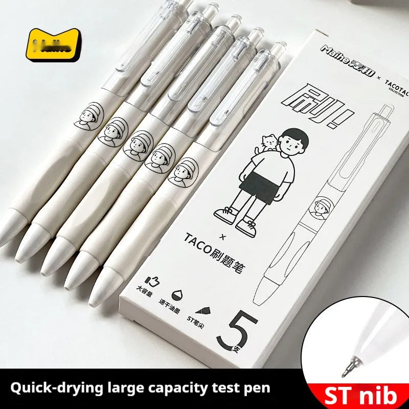 Five white ballpoint pens with 0.5mm tips and black quick-drying ink, laid side by side.