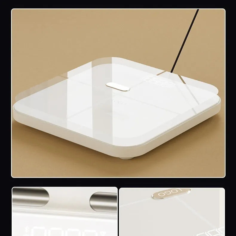 White professional body fat scale with 8 electrodes and a tempered glass platform.