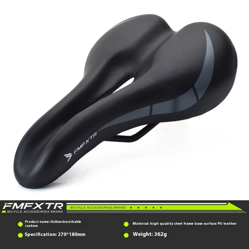Bike saddle cushion with hollow pattern in PU leather, shown attached to a bicycle seat post.