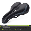 Bike saddle cushion with hollow pattern in PU leather, shown attached to a bicycle seat post.
