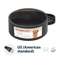 Black ABS plastic electric pet food warming bowl with a 2.2-litre capacity on a kitchen floor.