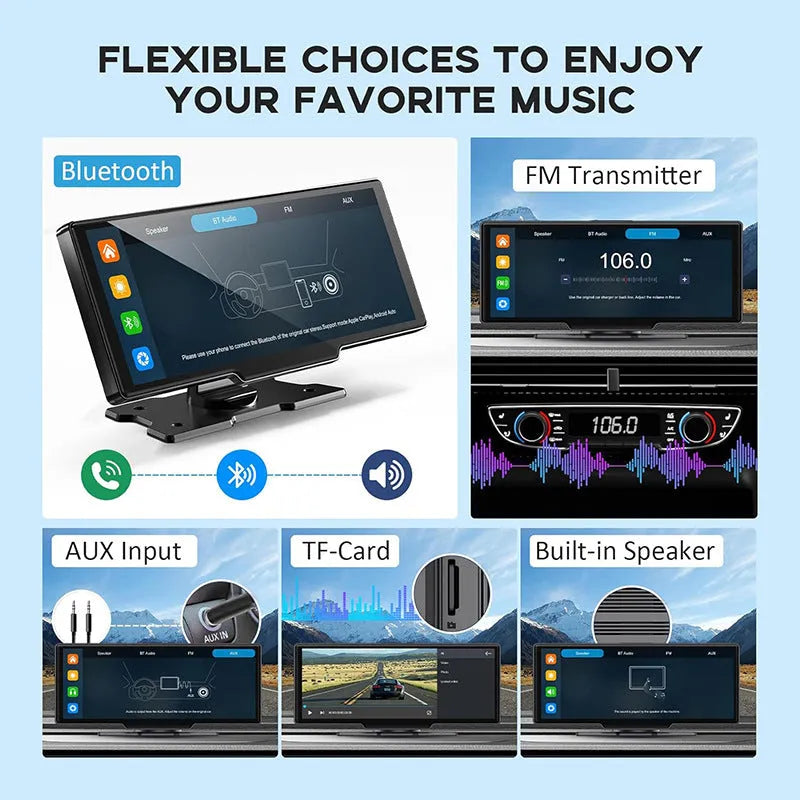 Black car navigation device with 1026-inch touch screen showing split screen display of maps and camera footage
