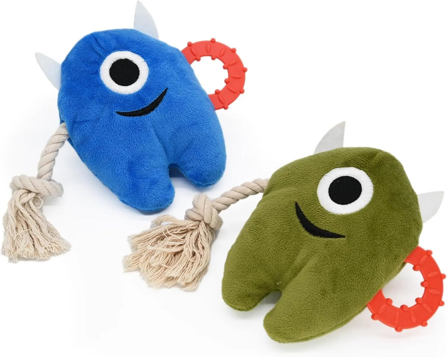 Blue and green stuffed plush dog toy with cotton rope sections and squeaker