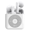 White wireless Bluetooth earphones with a semi-in-ear design and a matching charging case.