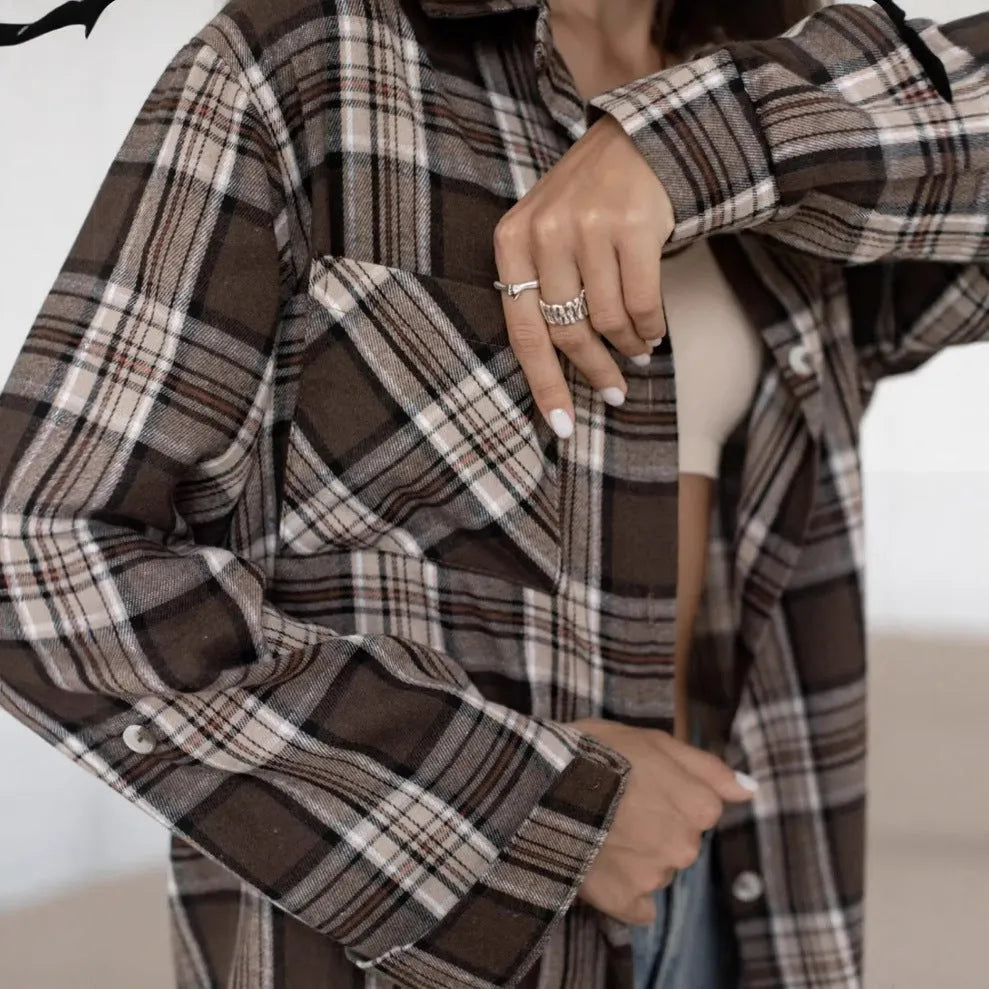 Women's dark brown striped long sleeve shirt in retro style with pocket option