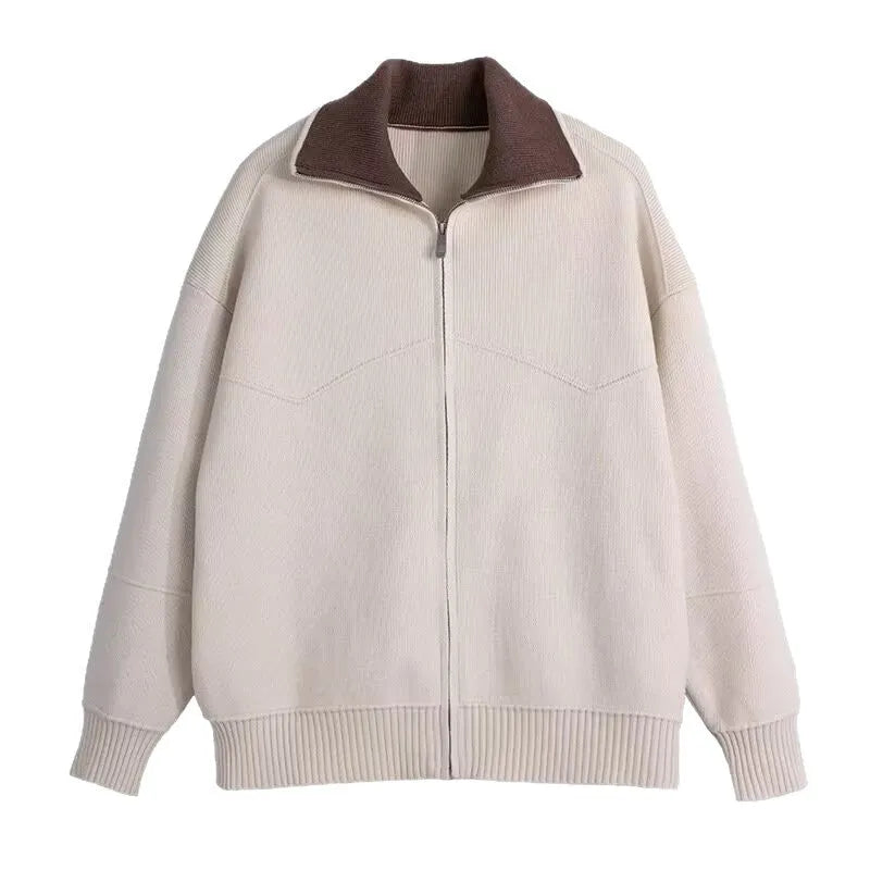 Men's knitted cardigan in beige or dark blue, long sleeve, loose fit, sizes L to 3XL, acrylic blend.