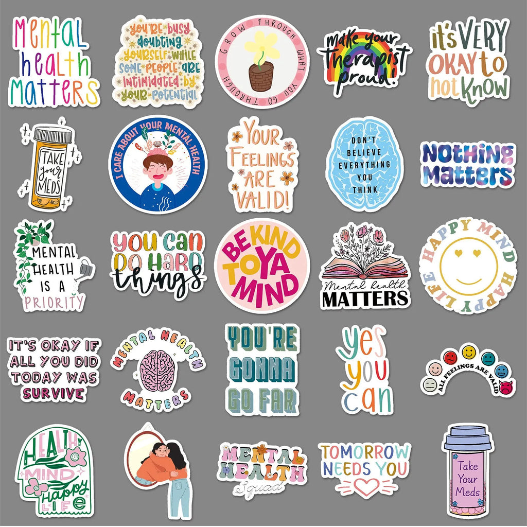 50 mental health graffiti stickers in English slogan designs, paper, 5.5-8.5cm, for phone cases and luggage