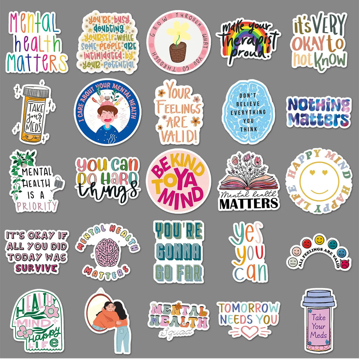 50 mental health graffiti stickers in English slogan designs, paper, 5.5-8.5cm, for phone cases and luggage