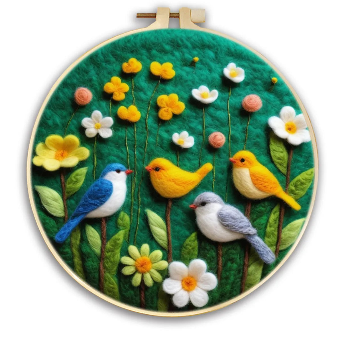 Round linen embroidery frame with wool felt floral decoration kit for three-dimensional wall art