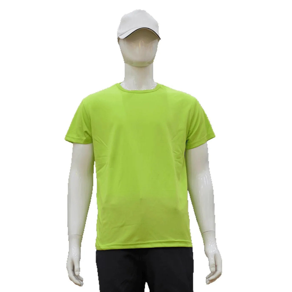 Man wearing a slim fit short sleeve round neck T-shirt in a solid colour.