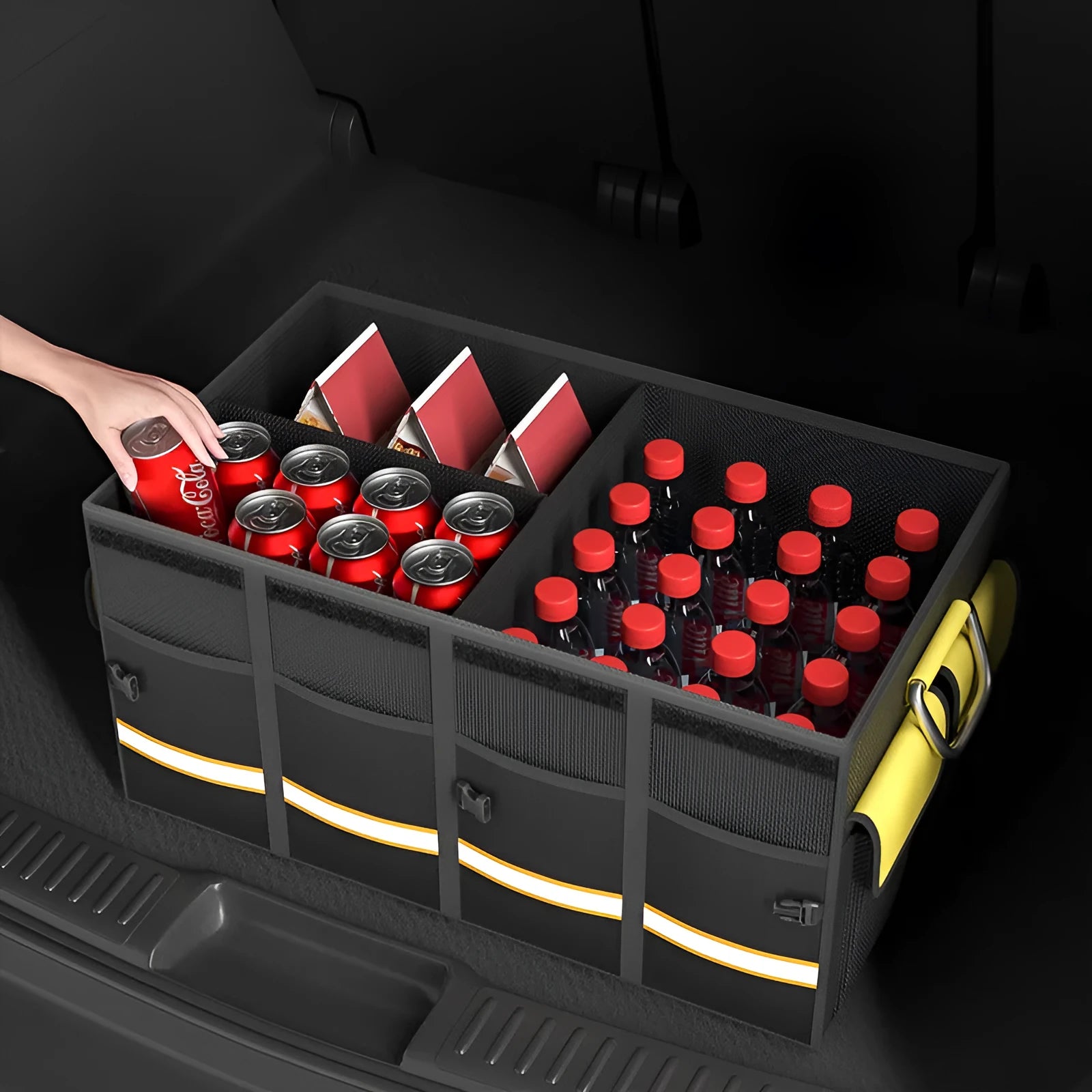Black and yellow foldable car storage bag with handle in three size options