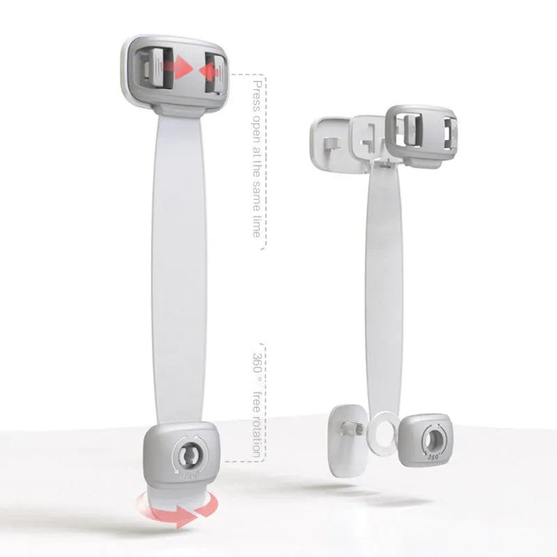 Grey and green adjustable strap child safety lock for cabinets and drawers with adhesive backing