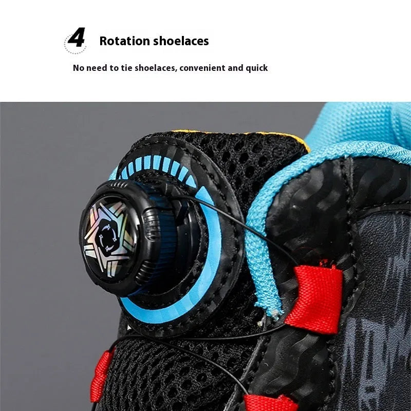 Children's rotating button fastening basketball shoes in black, pink, white & purple, and white blue.