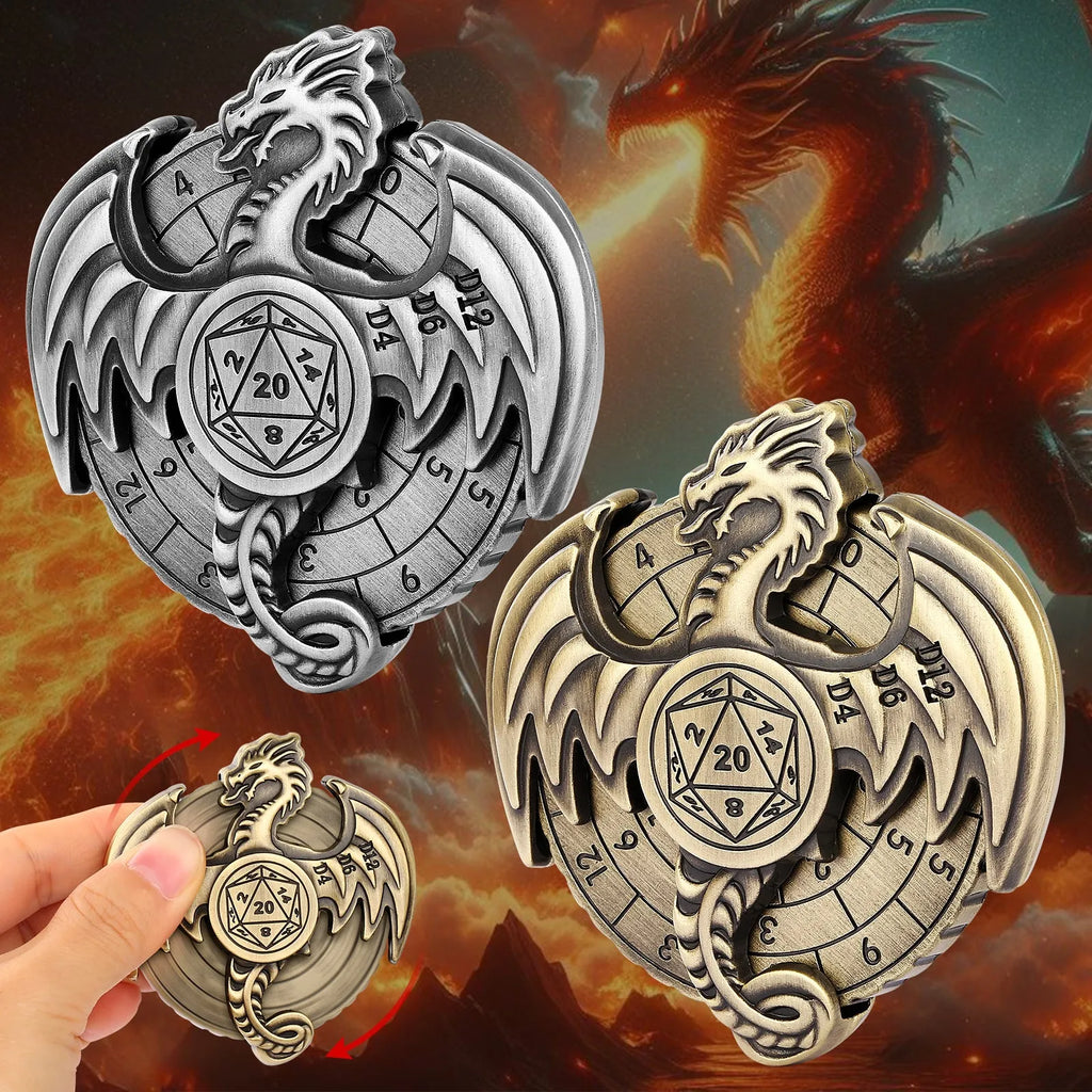 Retro metal fantasy style wings dice wheel with mechanical rotation in bronze finish