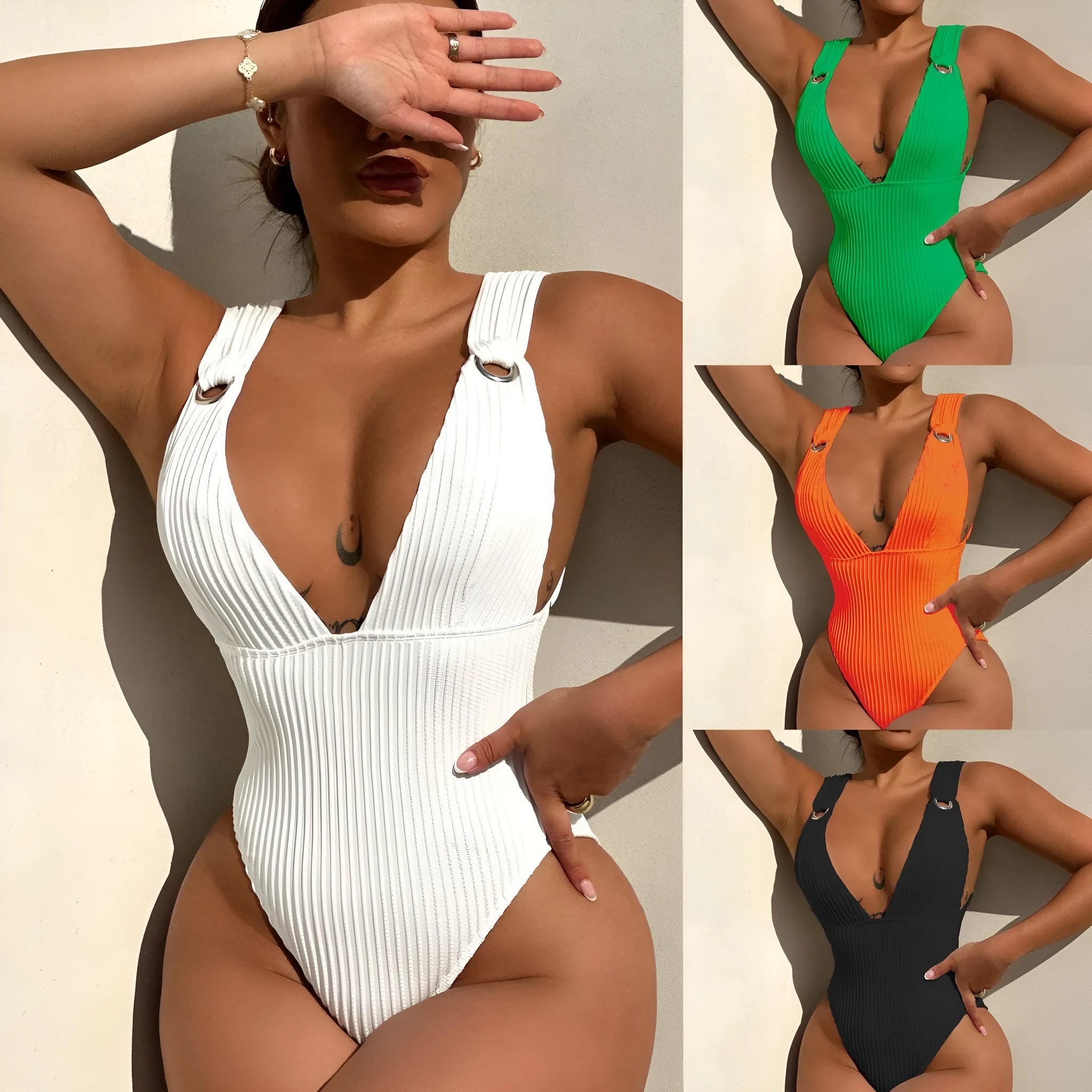 Solid colour one-piece swimsuit for women in black, shown on a model.