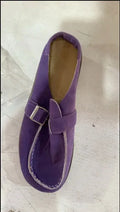 Frosted suede one-pedal flat slippers with belt buckle in green colour, foam sole