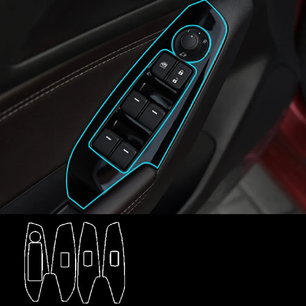 Set of four TPU protective films for 14-19 car door control panels in various finishes.
