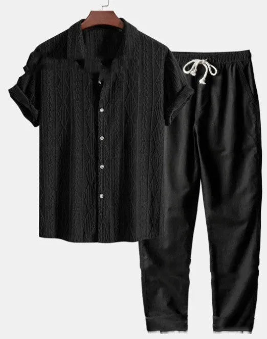 Men's loose short sleeve shirt and matching trousers in milk silk fabric for summer leisure wear