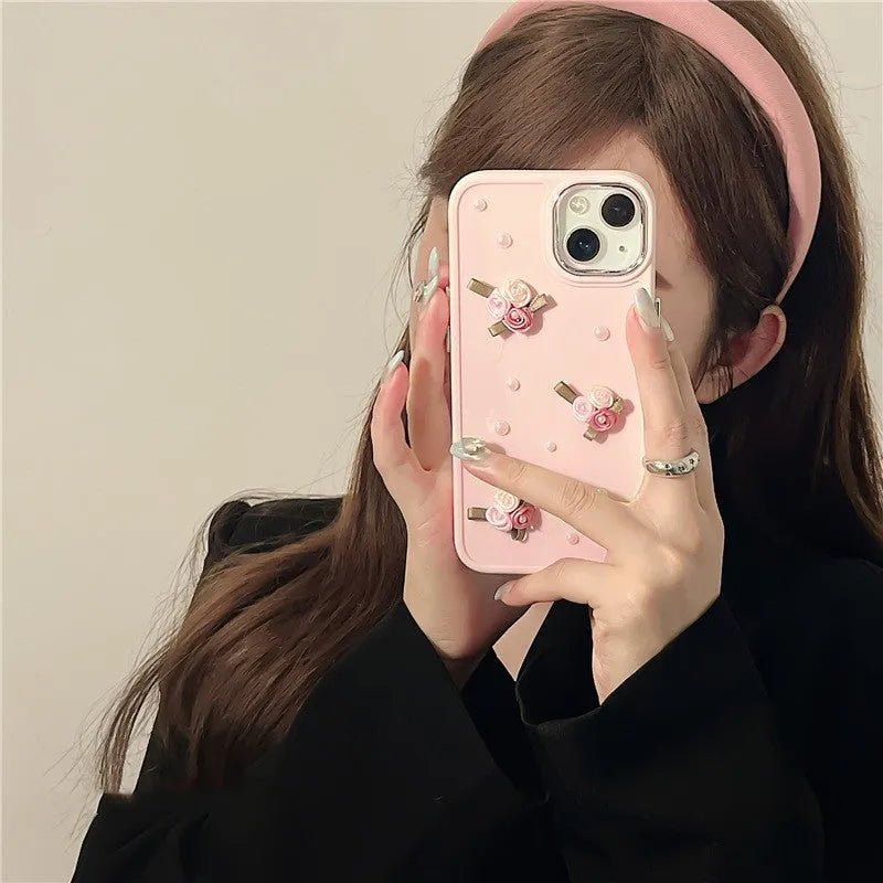 Pearl Pink silicone iPhone case with 3D pearl small flower, rhinestone, and electroplated back cover