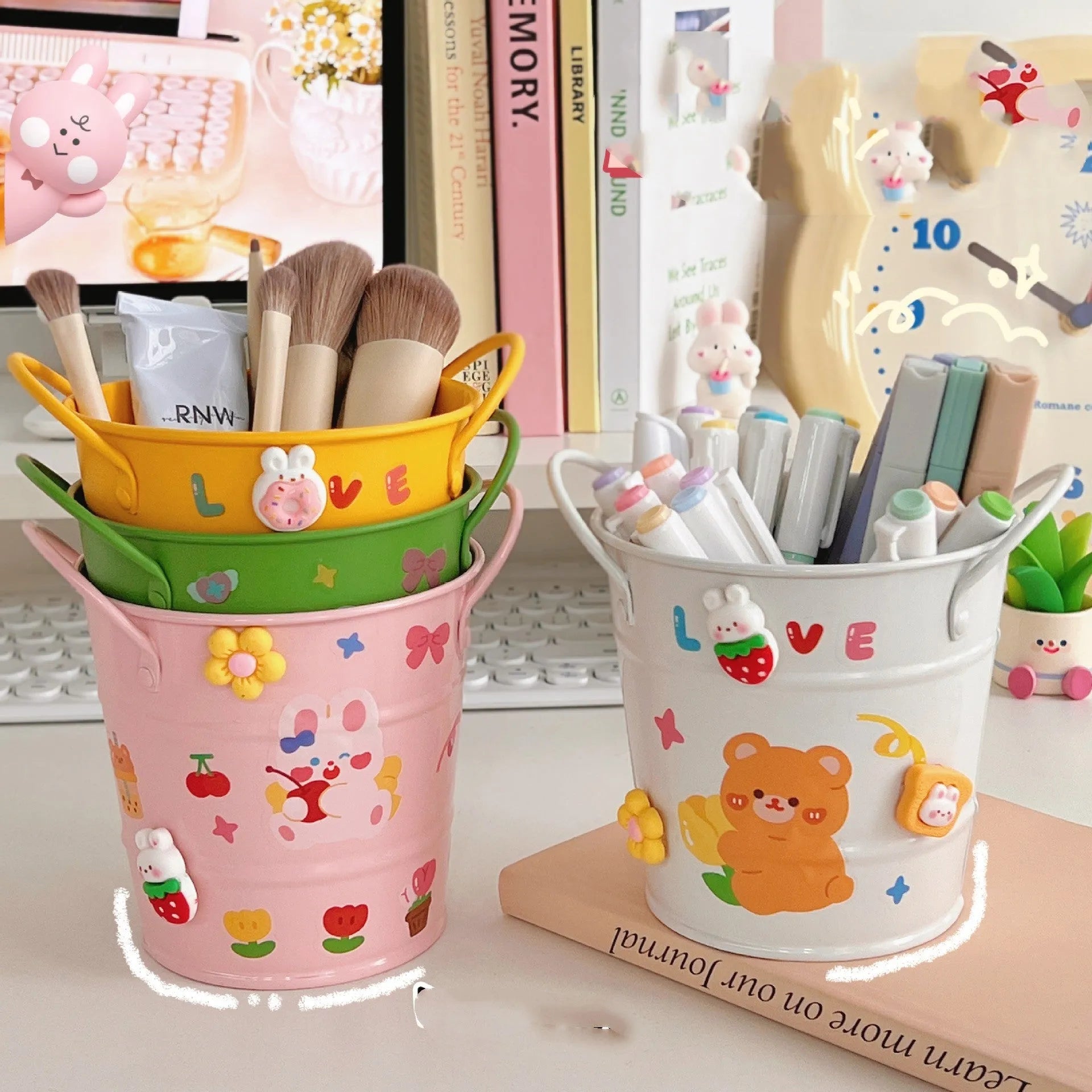 Round metal desktop pen holder storage box in a choice of colours including pink, green, red, white, and yellow.