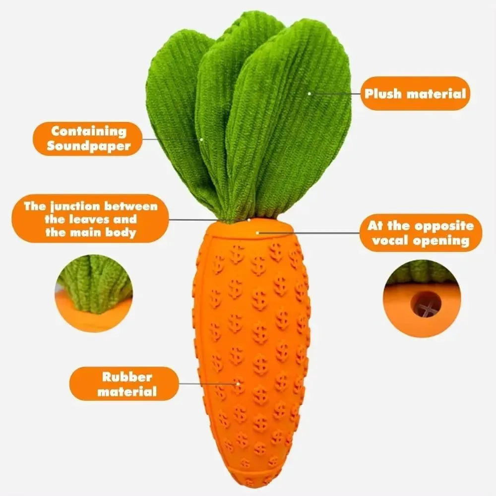 Orange carrot-shaped dog chew toy made of rubber and plush, measuring 21x5x5cm with a squeaker