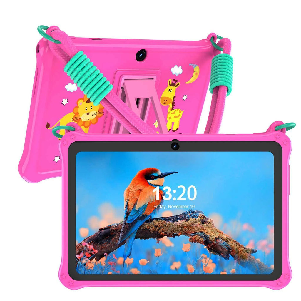 Blue silicone protective case with strap for 7-inch children's tablet showing screen protector
