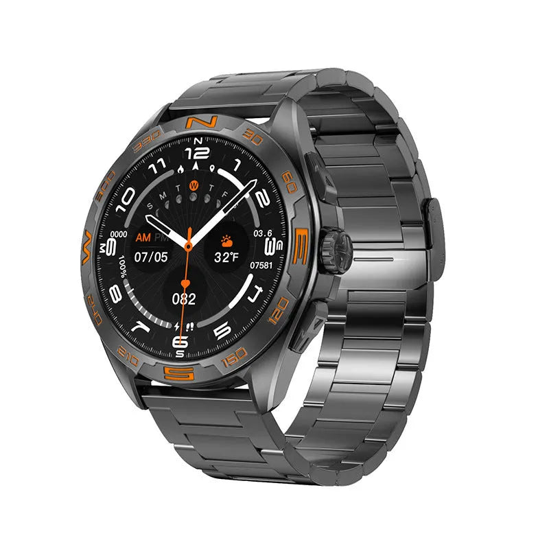 Black smart watch with touchscreen displaying heart rate and WhatsApp notification on a wrist.