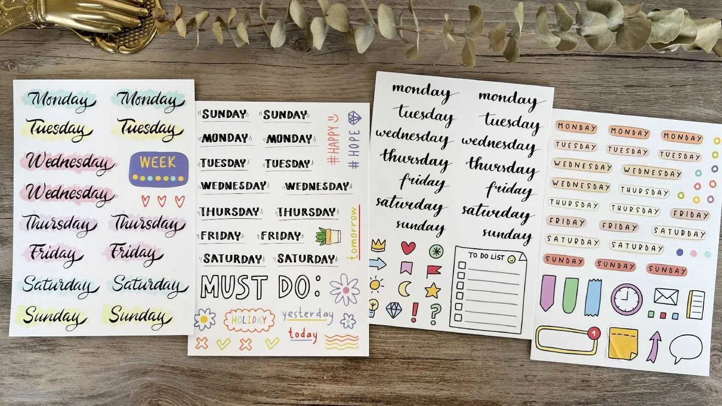 Pack of decorative stickers showing printed English alphabet letters and weekday words in a cute style for crafts.