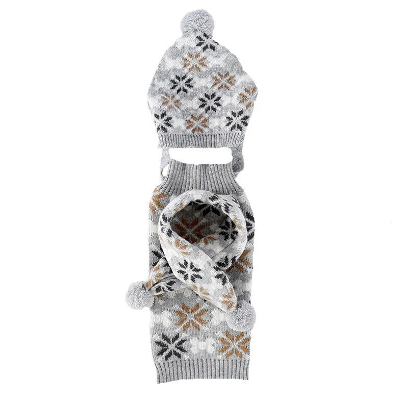 Grey and pink Japanese-style retro jacquard pet sweater and scarf hat sets for dogs or cats.