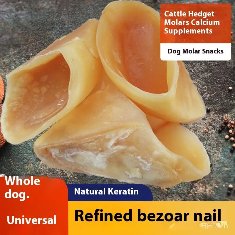 Natural cowhide grinding rod dog chew in hoof shell colour, shown in small and large sizes.