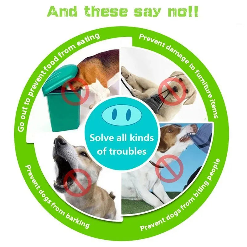 Green silicone anti-bite mouth cover for dog with long snout, showing size comparison