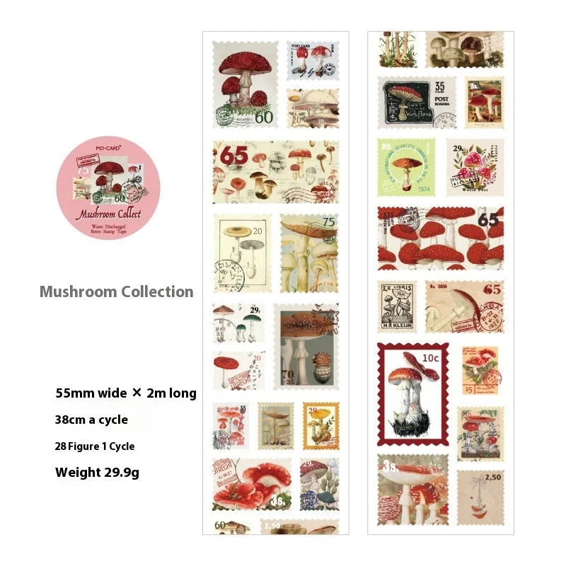 A roll of retro-design coated paper adhesive stamps, 55mm wide and 2 metres long.