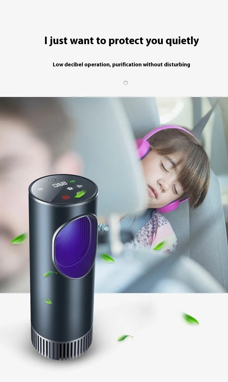 Black cylindrical car air purifier with USB connection for vehicle formaldehyde removal and negative ion generation