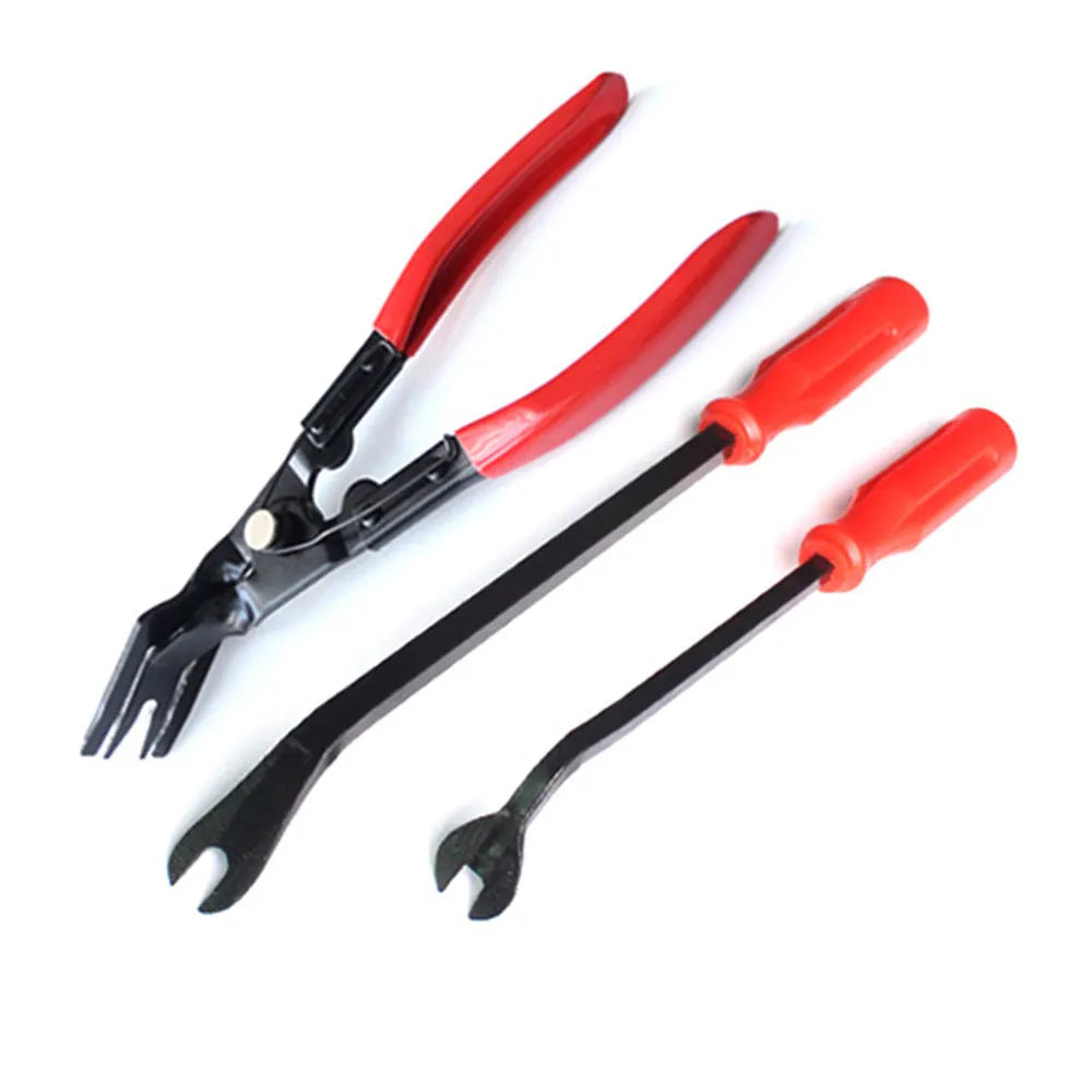 Red-handled steel automotive door panel clip removal tool for General Motors vehicles.