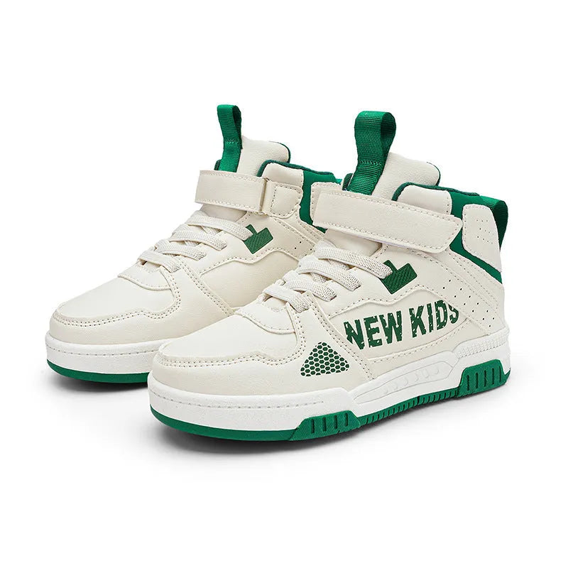 Children's buckle closure sneakers in beige green, blue, white powder, and white & purple colour options