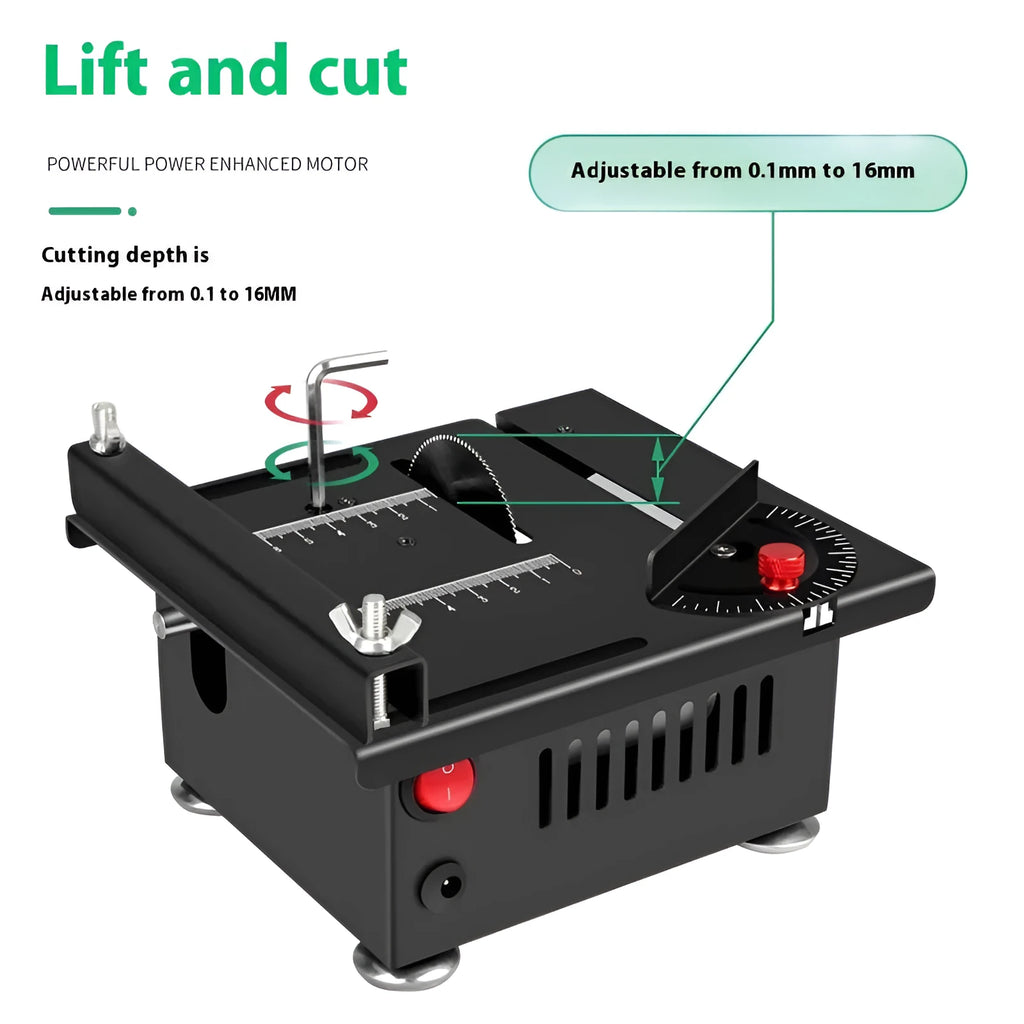 Lithium ion micro desktop cordless saw with metal body and set of five angle attachments