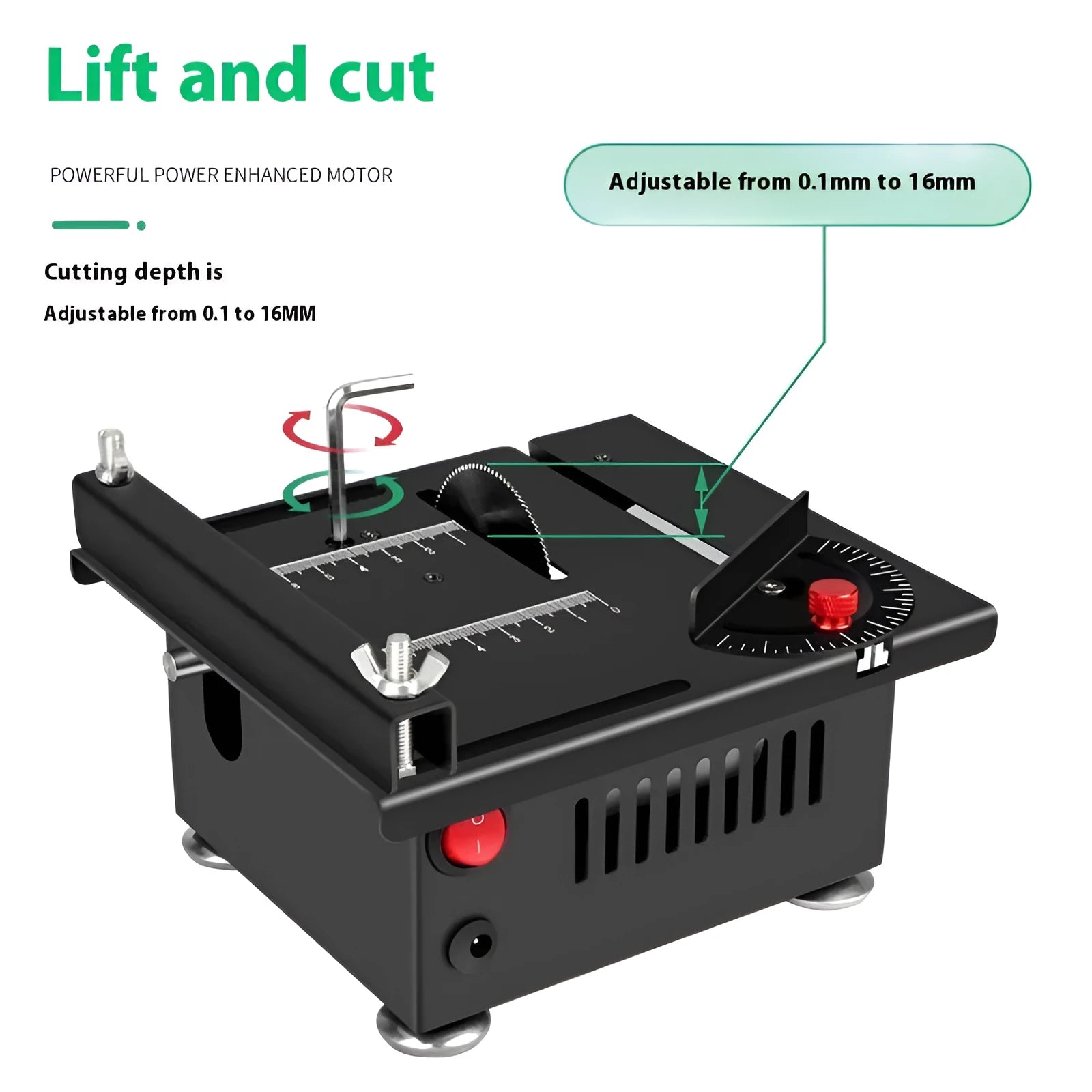 Lithium ion micro desktop cordless saw with metal body and set of five angle attachments
