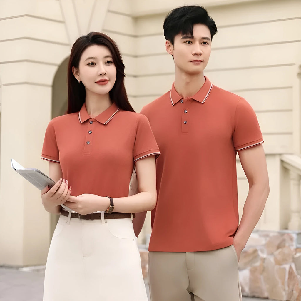 Ice silk polo shirt in solid colour on hanger, showing button placket and collar.
