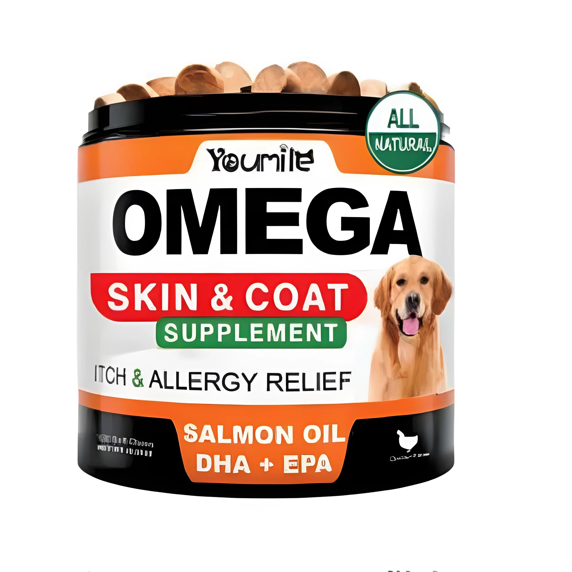 Container of 120 gelatine-free fish oil softgel supplement capsules.