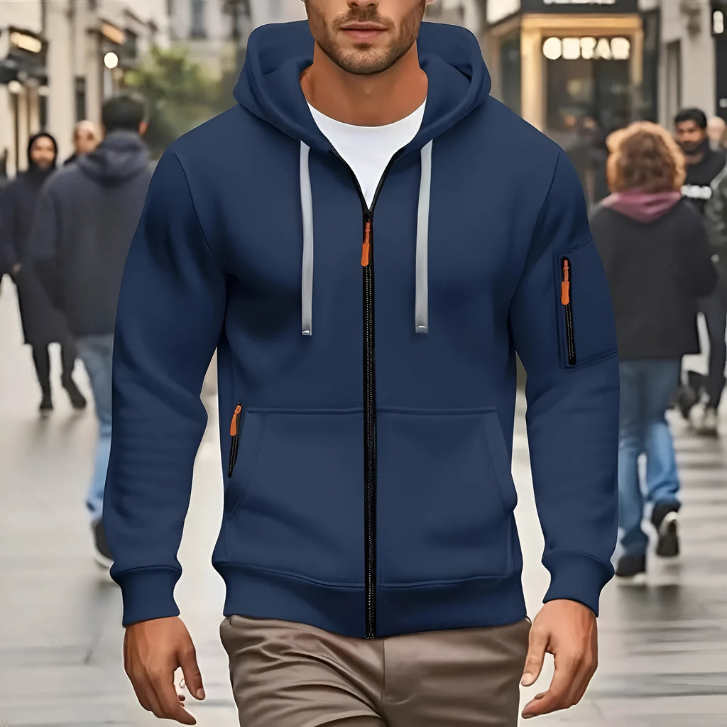 Man wearing a zip-up hooded cardigan coat in Army Green colour with wool lining.