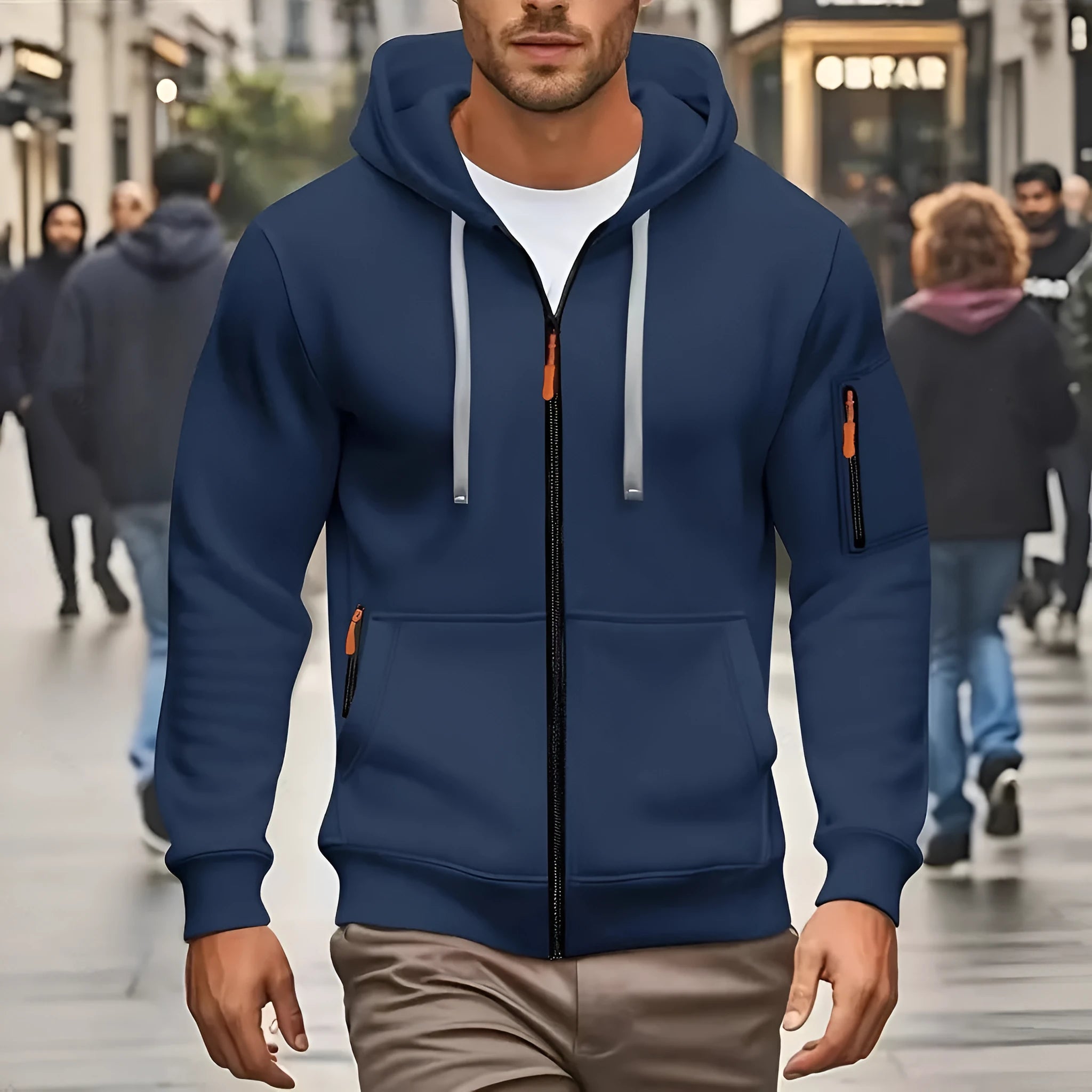Man wearing a zip-up hooded cardigan coat in Army Green colour with wool lining.