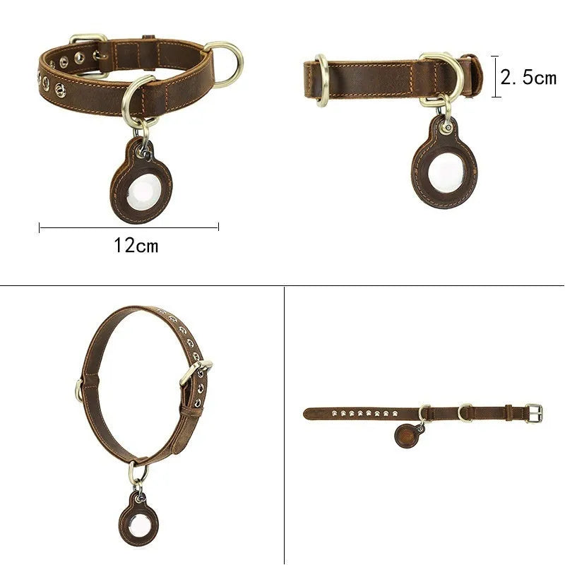 Brown handmade cowhide dog collar with retro style and halter positioning design