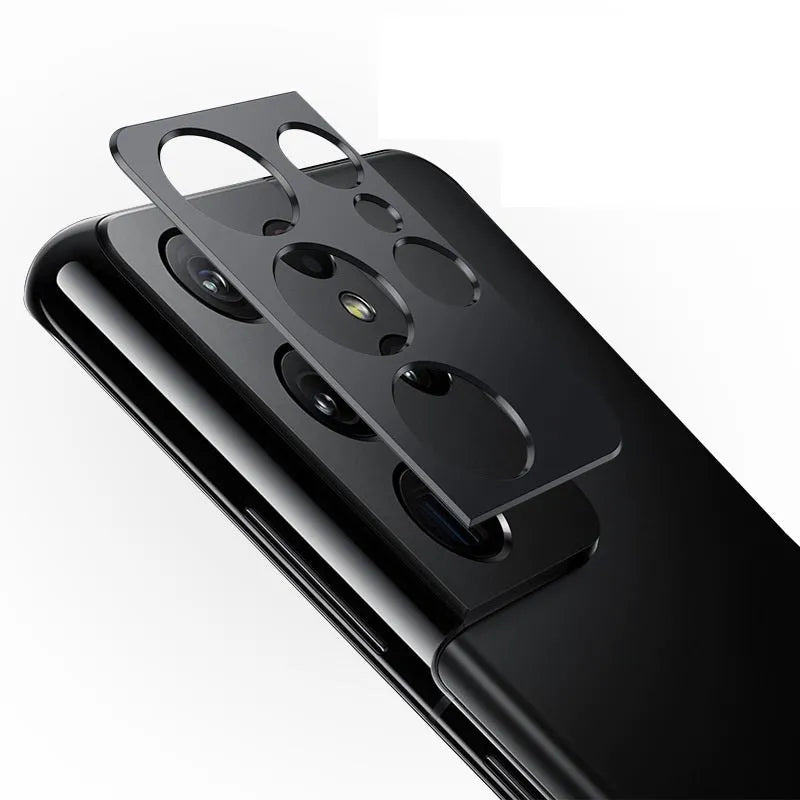 Full-covered aluminum alloy camera lens ring for Samsung Galaxy S21 Ultra 5G in black, 0.7mm thin, with adhesive backing