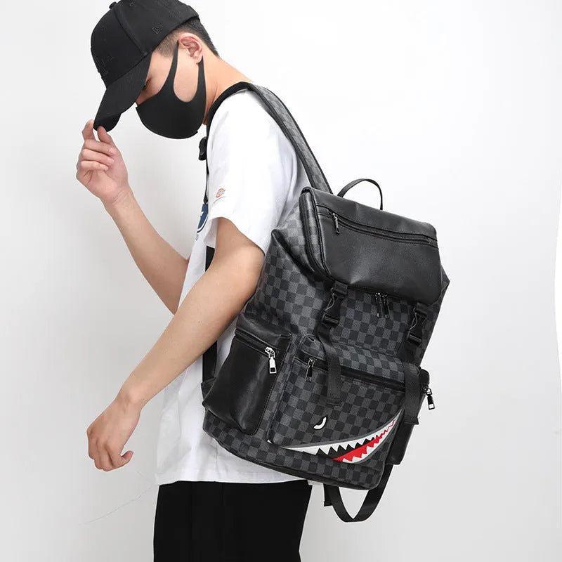 Korean casual checkered pattern large capacity backpack in black PU leather.