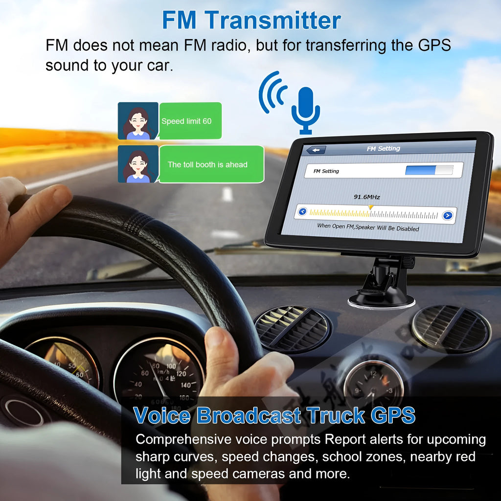 7-inch portable car GPS navigation device on a dashboard with mounting bracket and car charger.