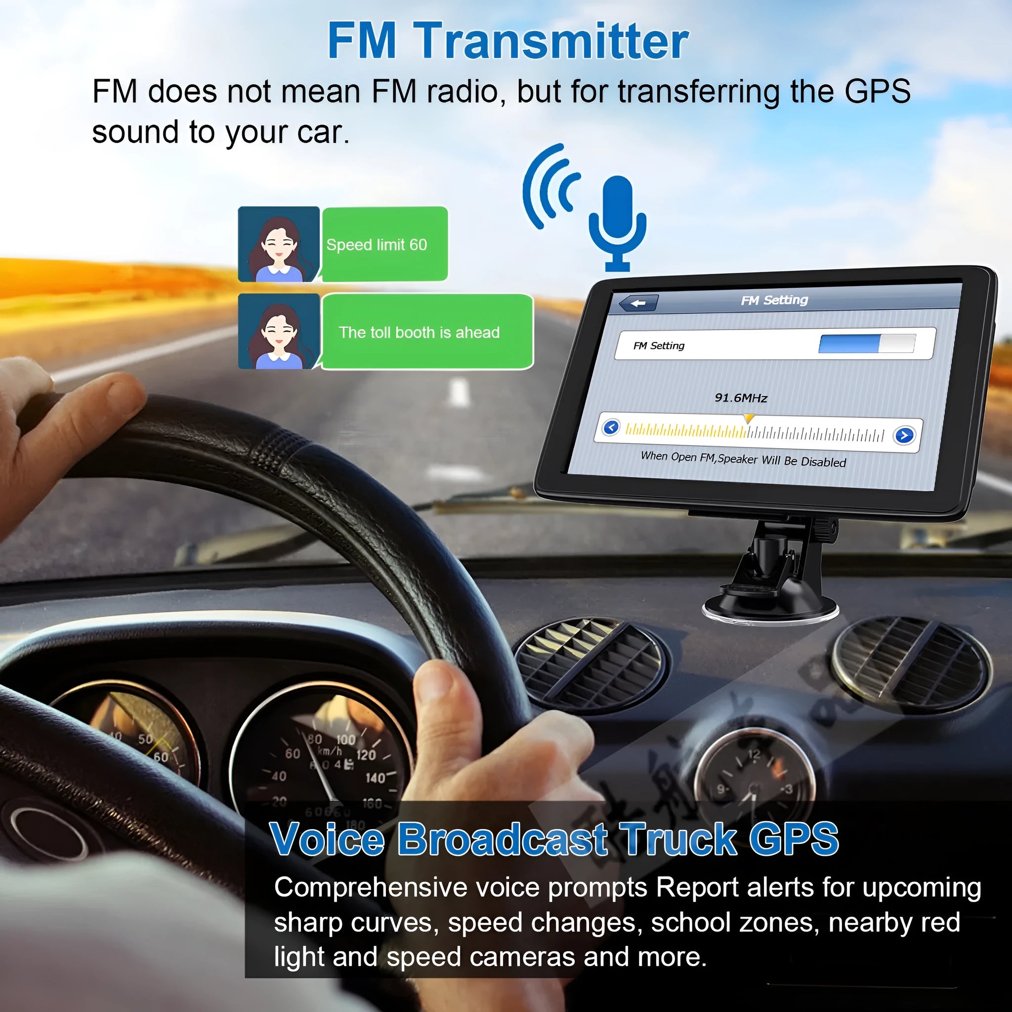 7-inch portable car GPS navigation device on a dashboard with mounting bracket and car charger.
