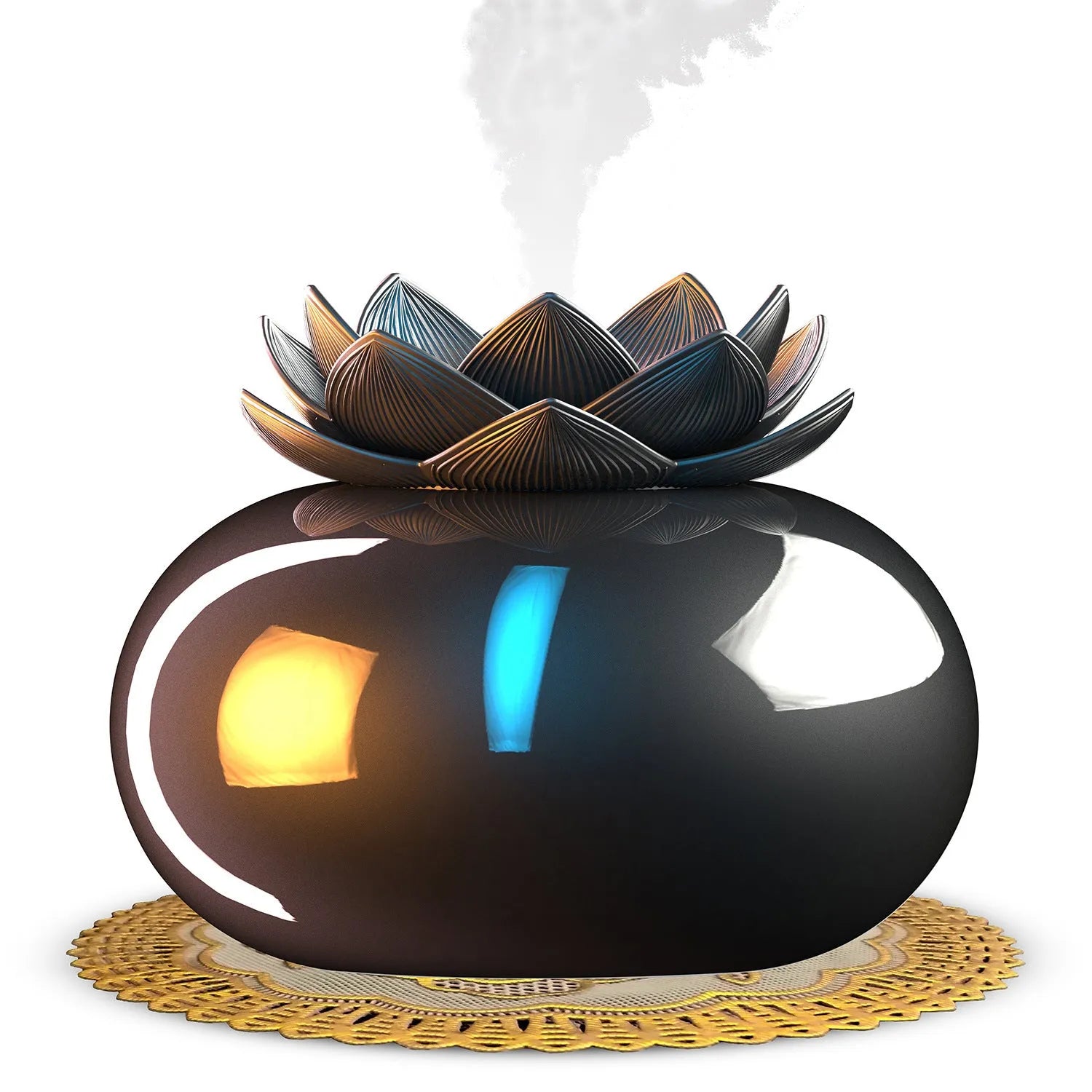 Pure black round Lotus aromatherapy humidifier with USB cable on a wooden surface.