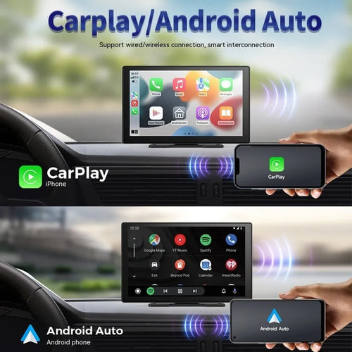 9-inch CarPlay driving recorder with dual cameras for front and rear recording installed in vehicle centre console