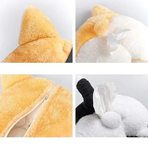 Yellow corgi butt shaped car tissue box cover with elastic strap for sun visor mounting.