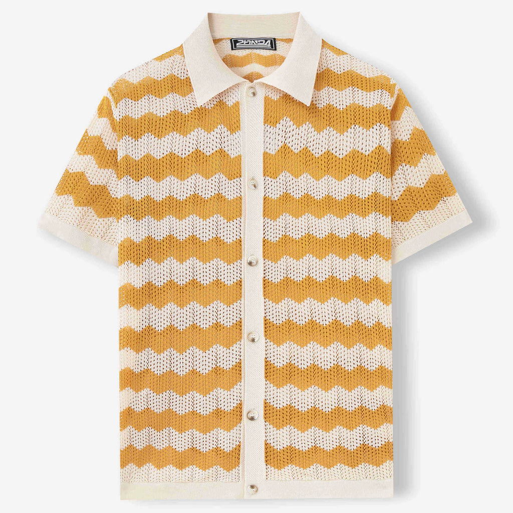 Short-sleeved yellow Tencel sweater with a textured hollow jacquard corrugated pattern, shown on a hanger.